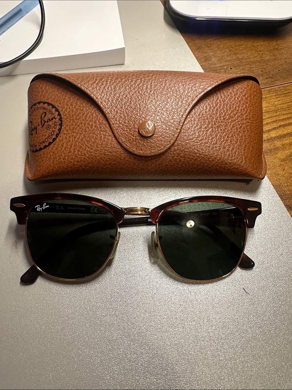 Ray-Ban Brown Leather Case with Tortoiseshell and Gold Clubmaster Sunglasses